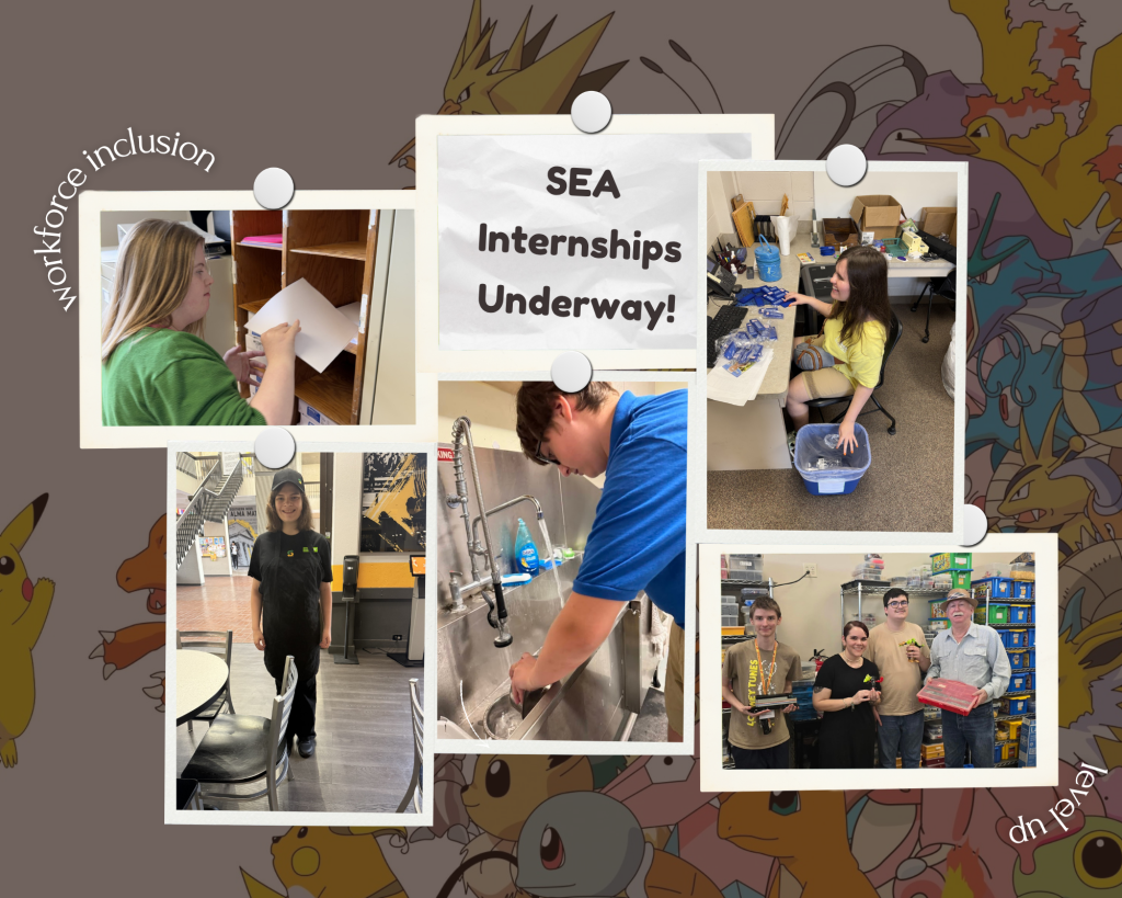 SEA Internships Underway with pictures of students in their positions at local business host sites.