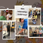 SEA Internships Underway with pictures of students in their positions at local business host sites.