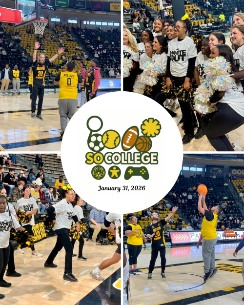 Collage of SO College Halftime Scrimmage featuring the cheerleaders and basketball players.