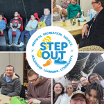 Collage of STEP OUT members enjoying crafts and refreshments at Open House and selfies at INFINITY Science Center.