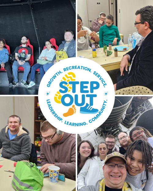 Collage of STEP OUT members enjoying crafts and refreshments at Open House and selfies at INFINITY Science Center.