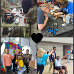 A picture collage of students at both Job Extravaganzas participating in business workstations. In the top left, students learn about being a mechanic. In the top right, students practice tee shirt printing. In the bottom left, students practice their photography skills. In the bottom right, students practice the proper way to push someone in a wheelchair.