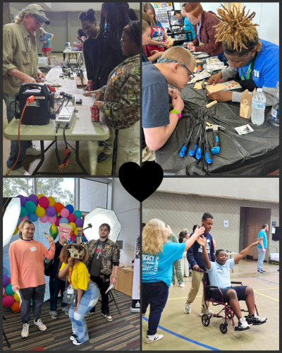 A picture collage of students at both Job Extravaganzas participating in business workstations. In the top left, students learn about being a mechanic. In the top right, students practice tee shirt printing. In the bottom left, students practice their photography skills. In the bottom right, students practice the proper way to push someone in a wheelchair.