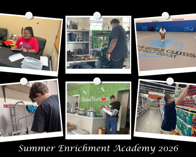 Top left - student intern at East Marion Elementary; top middle - student intern at Graves in Tylertown; top right - student intern at Boys and Girls Club in Gulfport; bottom left - student intern at Hancock County Animal Shelter; bottom middle - student intern at Salad Station in Gulfport; bottom right - student intern at Ramey's in Columbia